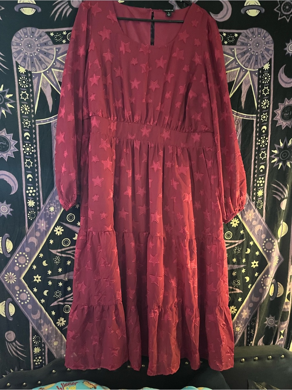 Woven Star-Texture Long Sleeve Midi Dress - Burgundy